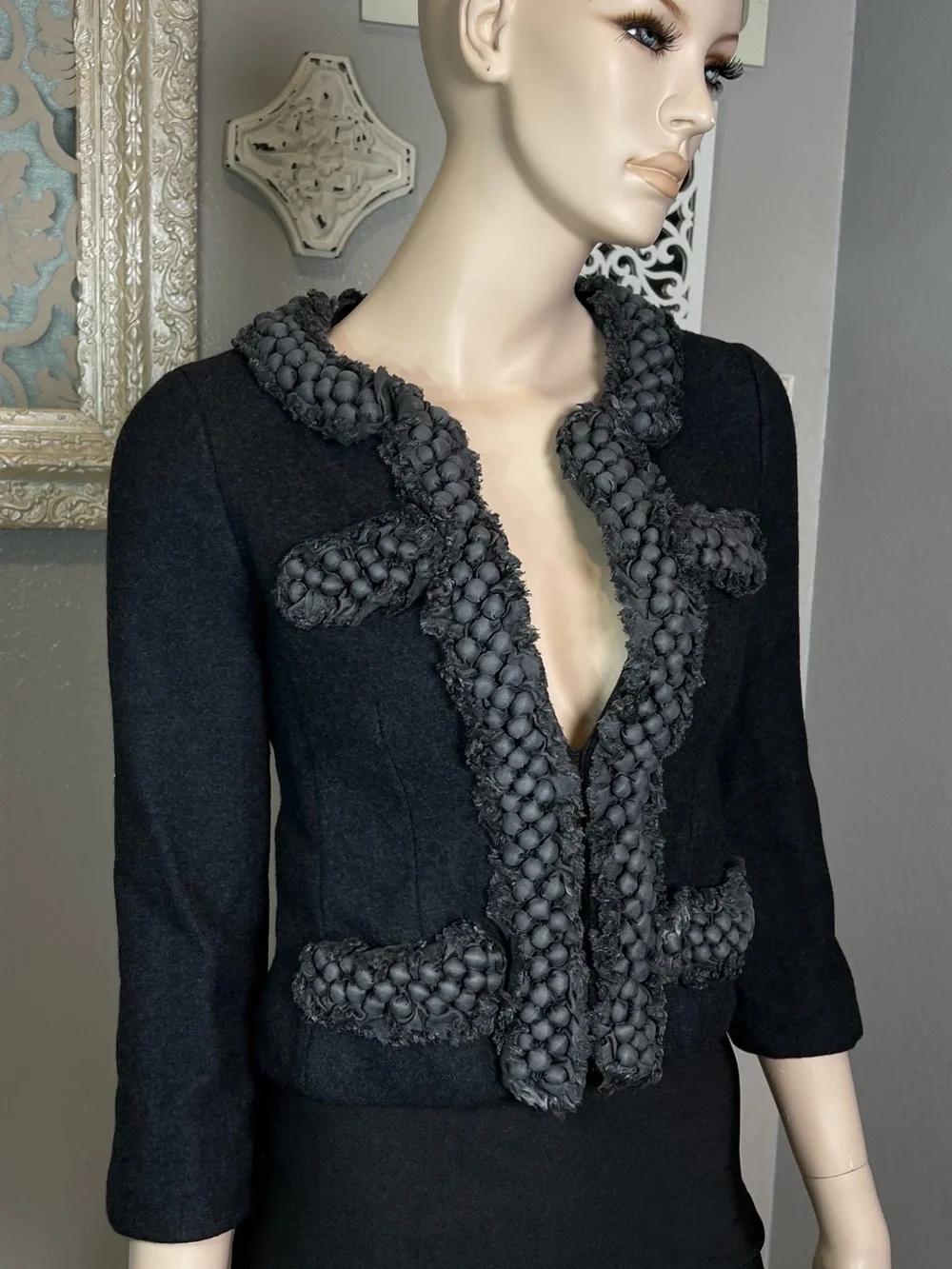 J Crew Wool Blend Denim Blue Cropped Jacket with Braided Trim